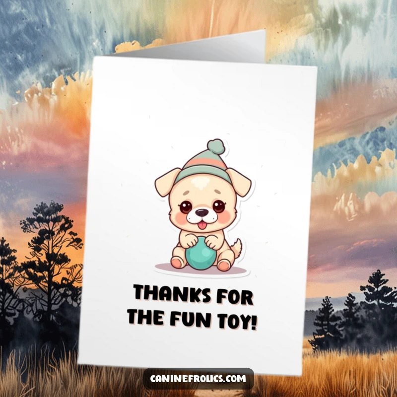 Funny Free Printable Thank You Card: Adorable dog wearing a miniature hat, enthusiastically playing with a brightly colored squeaky toy.