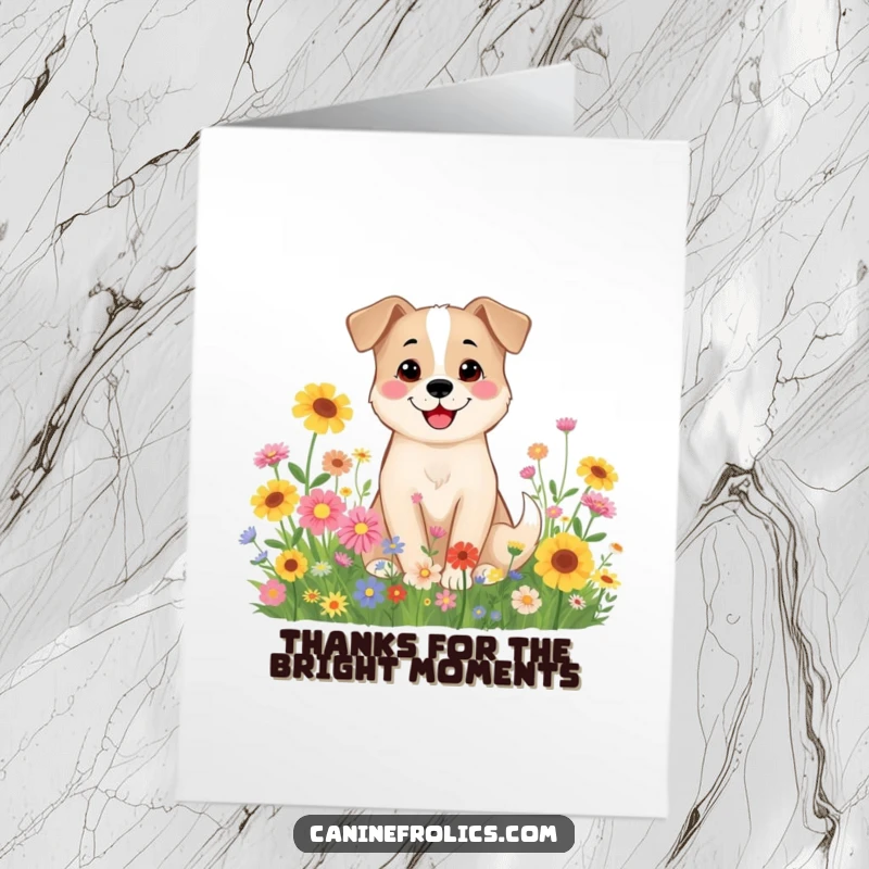 Funny Free Printable Thank You Card: A dog smiles contentedly amidst colorful wildflowers, a beautiful symbol of thanks in downloadable art.