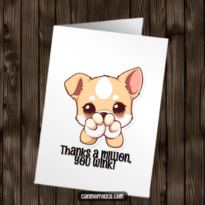 Funny Free Printable Thank You Card: Adorable dog with large eyes winks from behind its paw, a perfect DIY thank you.