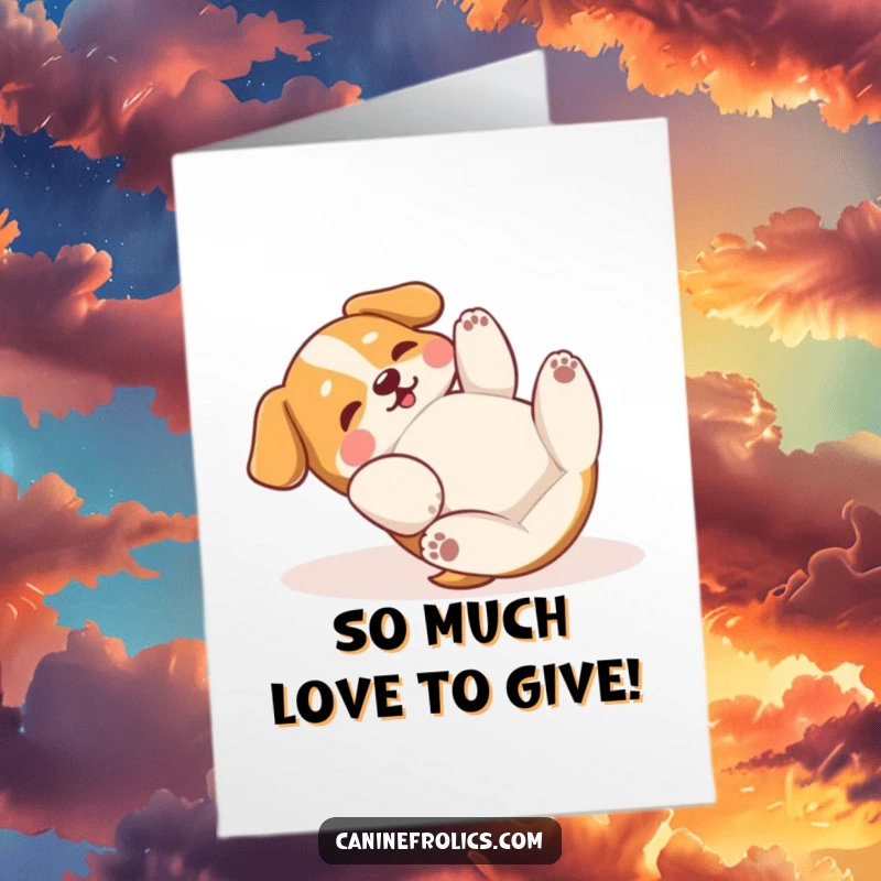 Funny Free Printable Thank You Card: A dog happily rolling on its back, paws batting the air in thanks.