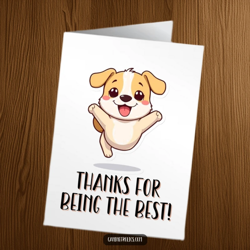 Funny Free Printable Thank You Card depicting a small, stylized dog character joyfully bounding, conveying sincere appreciation and happiness.