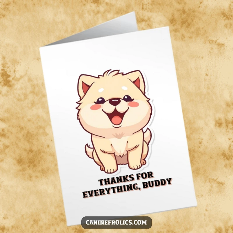 Funny Free Printable Thank You Card: A fluffy dog with a wide, happy grin and its tail wagging, saying thanks.