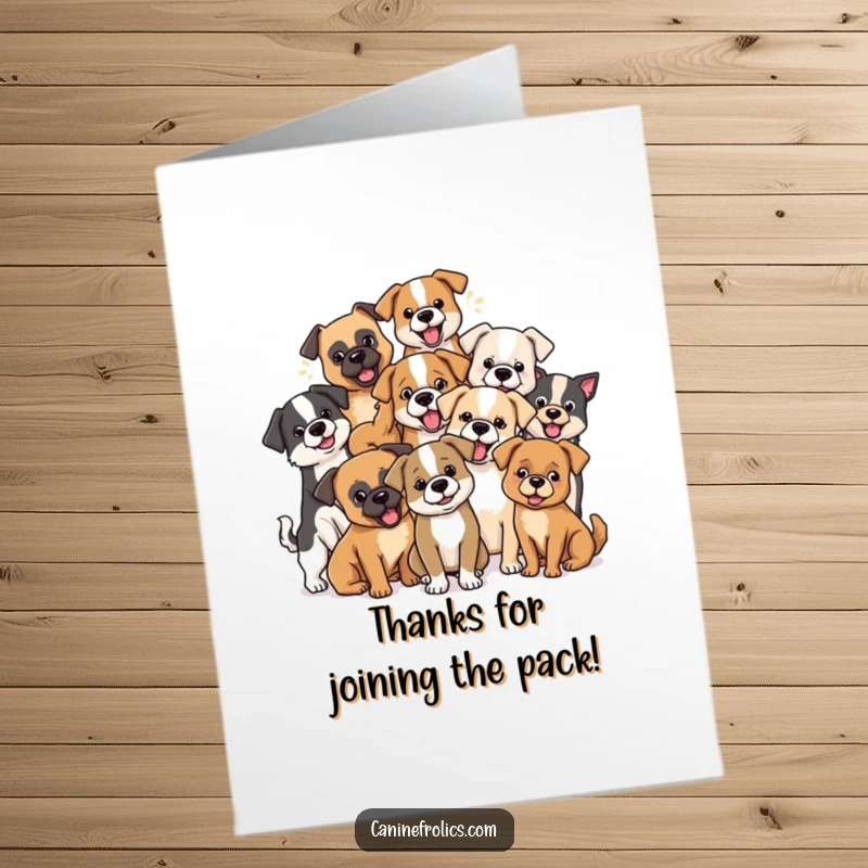 Funny Free Printable Thank You Card depicting a diverse group of dog breeds playfully interacting, conveying warmth and thanks.