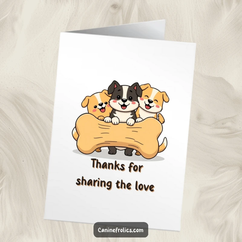 Funny Free Printable Thank You Card: Multiple joyful simplified dogs sharing a huge bone, a delightful DIY thank you.
