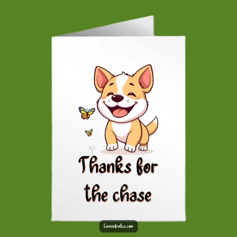 Free Printable Dog Thank You Card: Grinning Pup Butterfly Chase Downloadable