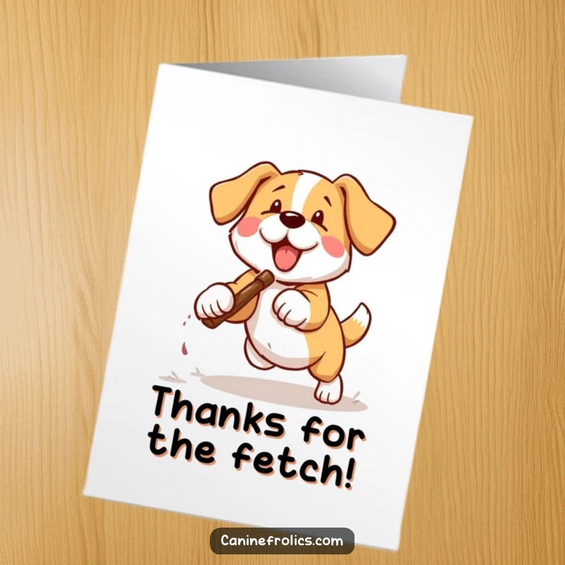 Funny Free Printable Thank You Card: Happy dog holding a stick, looking thankful, tail wagging, bright background.