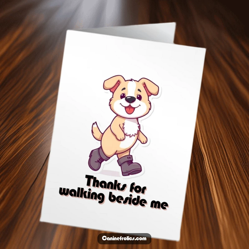 Funny Free Printable Thank You Card: A dog walks with swagger in oversized boots, conveying thanks with humorous confidence.