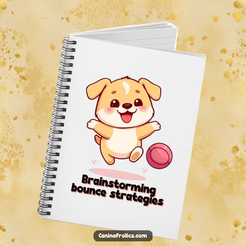 Funny Dog Notebook: A small, round dog character, joyful expression, mid-leap towards a bouncing ball, ready for jotting down thoughts and ideas.