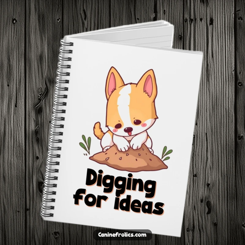 Funny notebook with a dog playfully digging in a small mound of dirt, ideal for jotting down thoughts with a playful vibe.