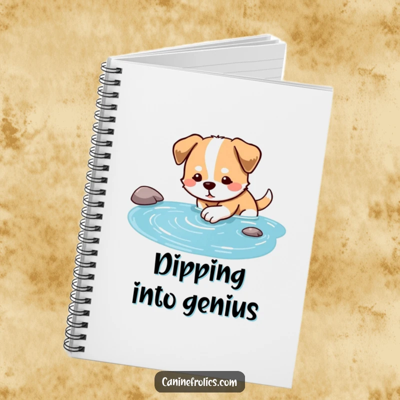 Funny dog notebook cover art showing a dog peacefully dipping its paw into a clear blue stream.