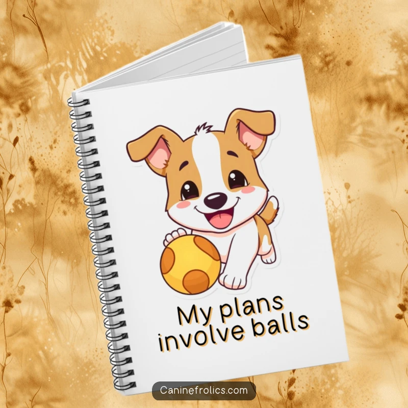 Funny dog notebook featuring a dog with a wide, happy smile chasing a red ball, ideal for jotting down energetic ideas.