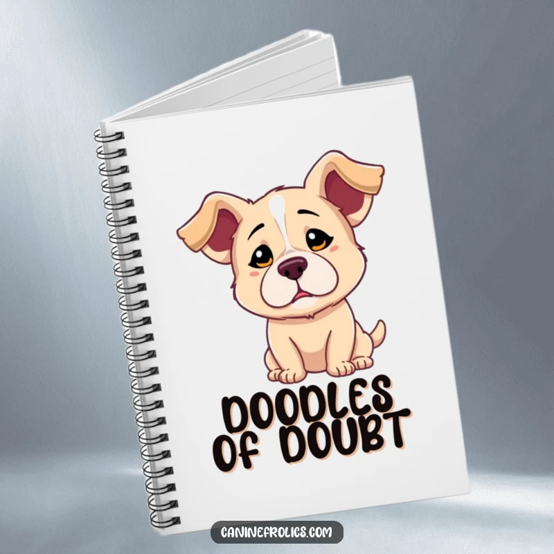 Funny notebook cover with a dog sporting floppy ears and a wide-eyed, playfully confused look, symbolizing curiosity and charm.