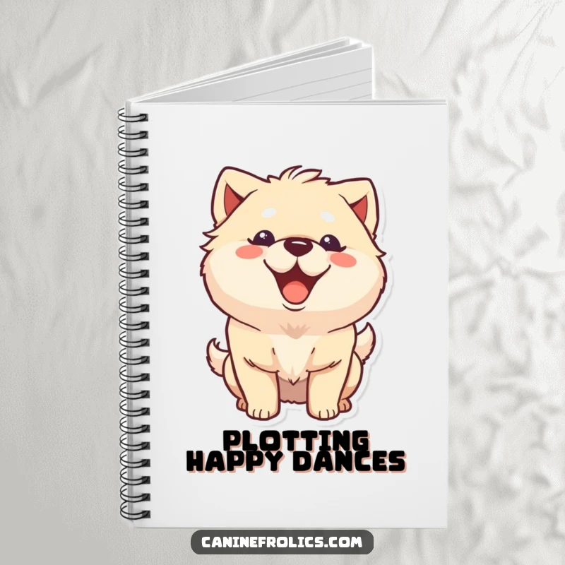 Funny fluffy dog notebook featuring a character with a big happy grin and wagging tail, perfect for jotting down notes with a smile.