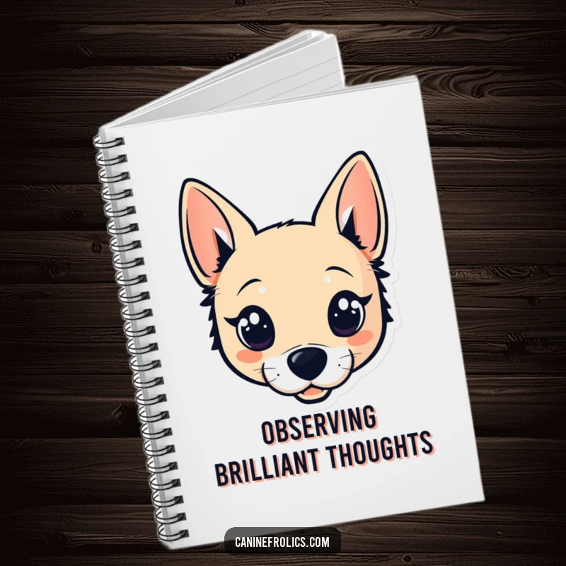 Funny notebook cover featuring a stylized dog head with large, sparkling eyes and perky ears, ideal for jotting down your ideas.