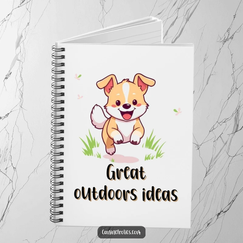 Funny Dog Notebook: Cheerful dog character leaping joyfully through a grassy field, inspiring creativity and smiles.