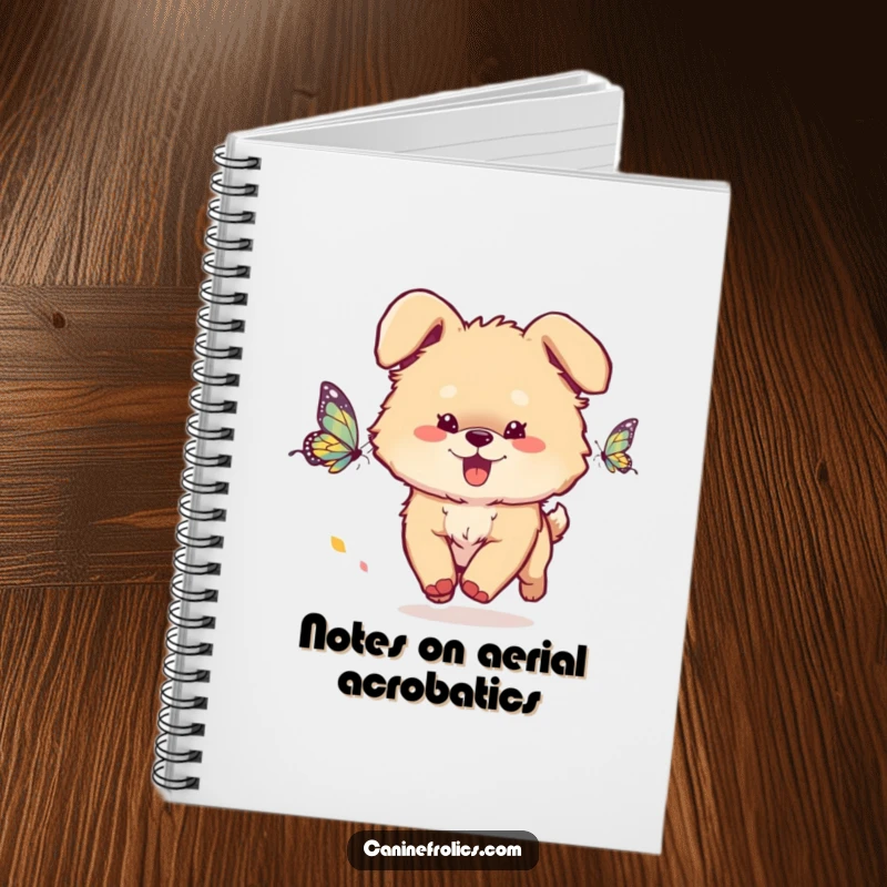 Funny Dog Notebook: A fluffy dog with ears flopping energetically chases a butterfly, perfect for jotting down ideas, stories, or doodles.