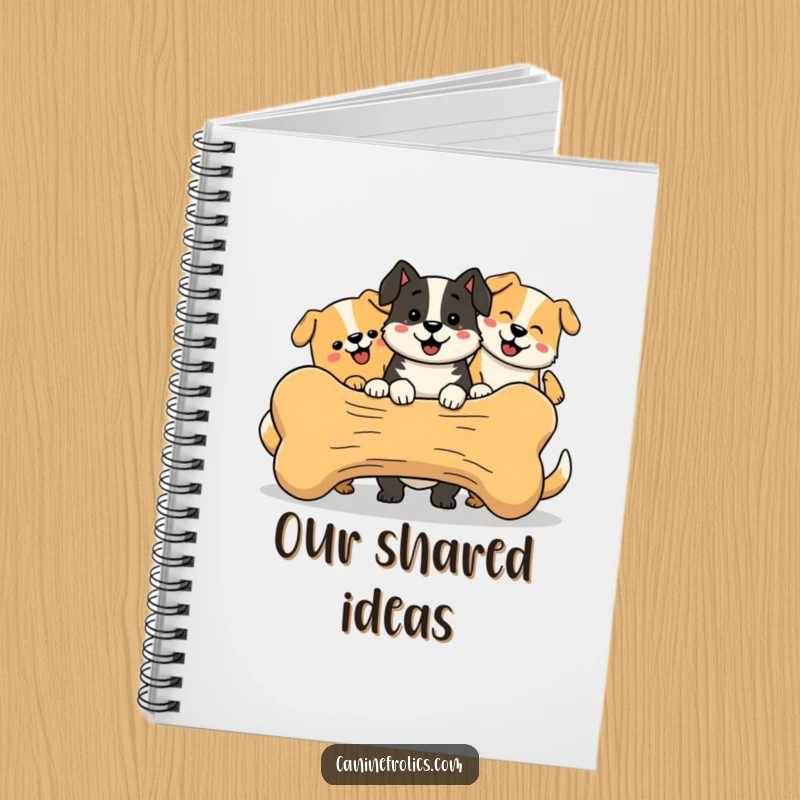 Funny Dog Notebook, featuring a group of simplified, happy dogs joyfully sharing a large bone, perfect for jotting down cheerful notes.