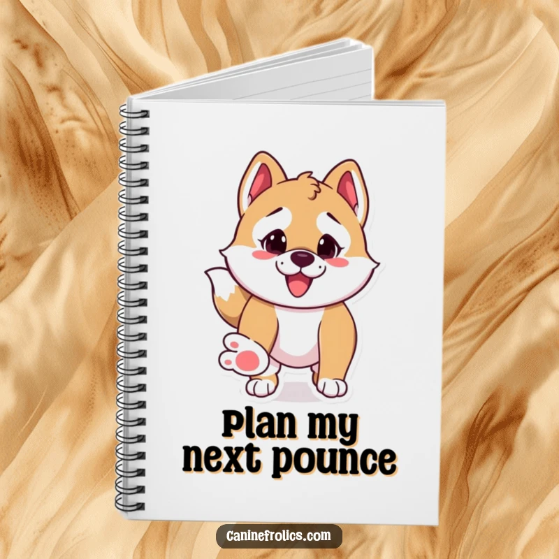 Funny notebook cover featuring a dog with paws outstretched, hilariously preparing to pounce on its next task.