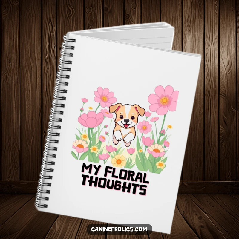 Funny notebook cover illustrated with a tiny dog puppy bounding through an oversized field of blooming flowers, inspiring creativity and cheerfulness.