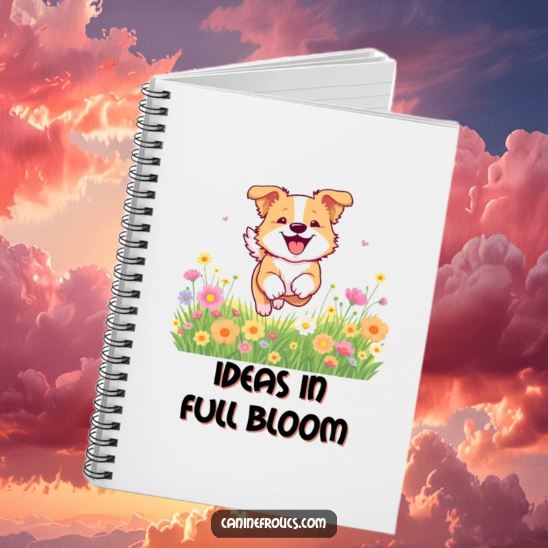 Funny dog notebook with a dog bounding through a flower field, inspiring thoughts of joy, nature, and creativity.