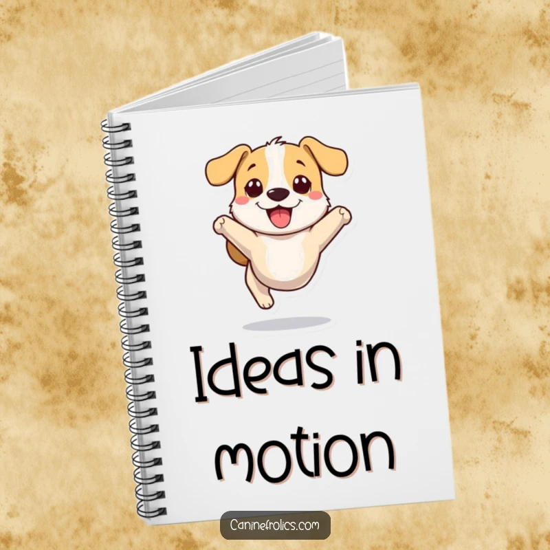 Funny dog notebook with a stylized dog character joyfully bounding across the cover, inspiring creativity and smiles.