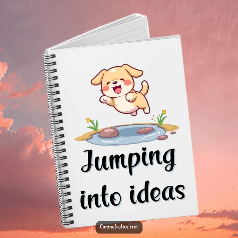 Funny dog notebook cover art showing a dog leaping happily over a small puddle.