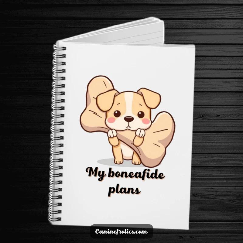 Funny dog notebook showing a character peeking from behind a giant bone, perfect for jotting down notes with a playful and secretive flair.