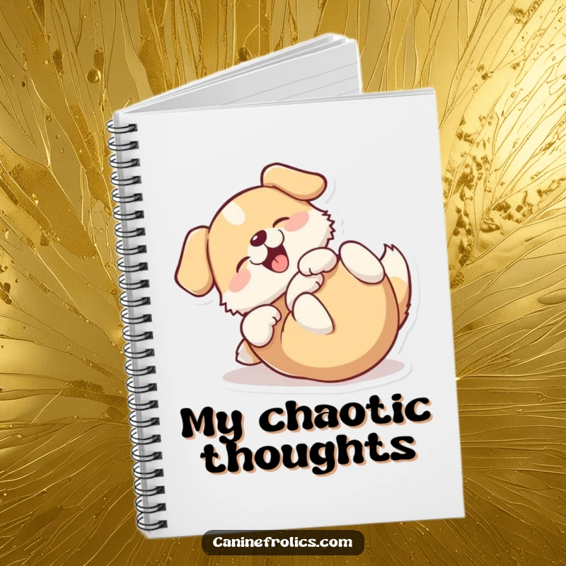 Funny notebook cover featuring a dog happily rolling on its back, symbolizing pure joy and relaxation.