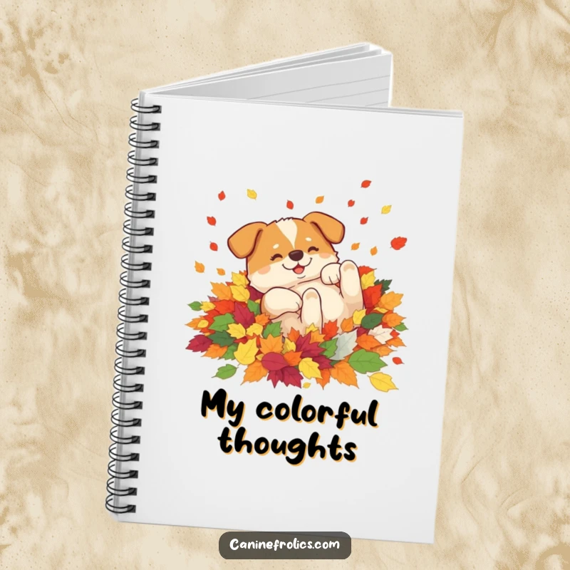 Funny notebook cover depicting a dog blissfully rolling in colorful autumn leaves, symbolizing autumn joy and cozy creativity, perfect for jotting notes.