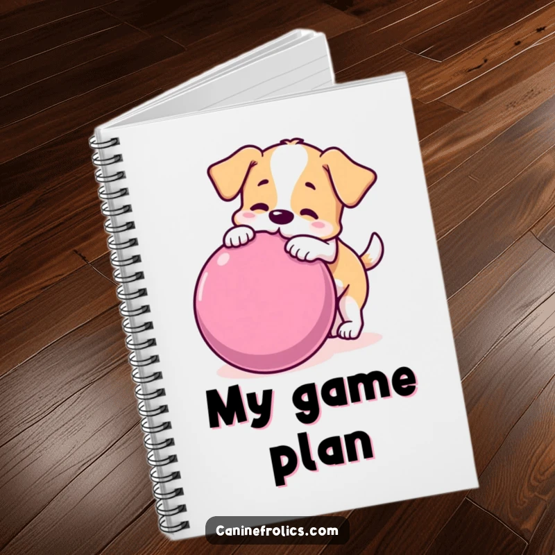 Funny dog notebook cover showing a playful dog nudging a comically large ball, ideal for notes and doodles.