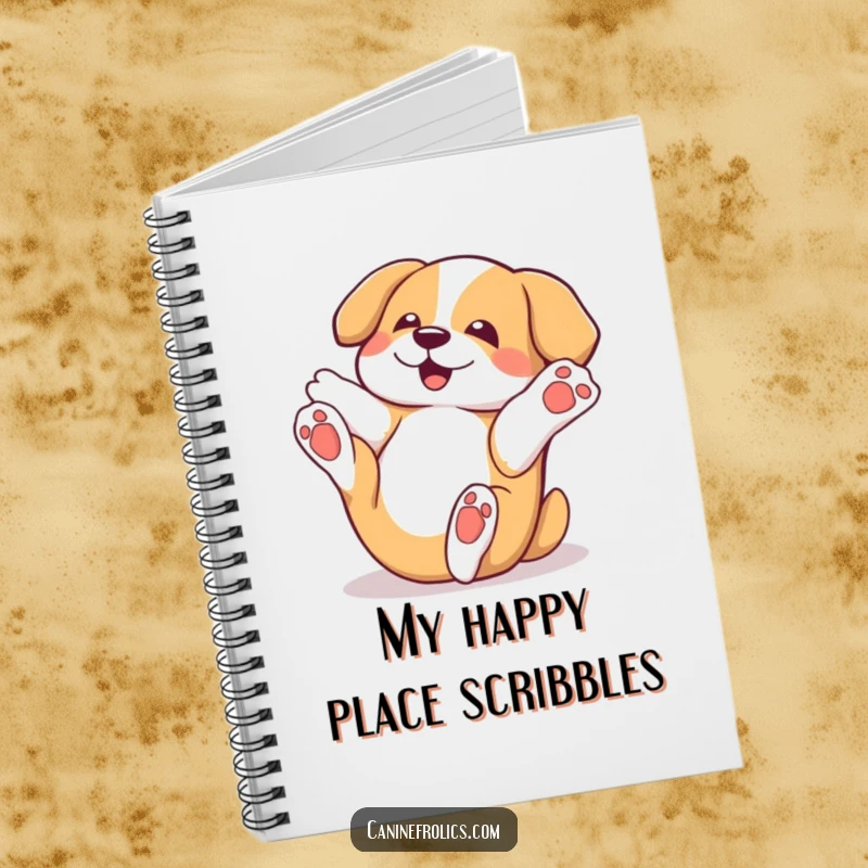 Funny dog notebook showing a character playfully rolling on its back with paws in the air, perfect for jotting down notes with a joyful flair.