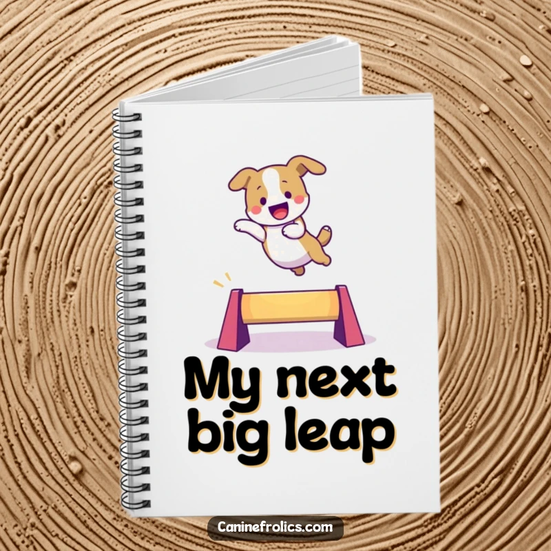 Funny dog notebook showing an excited character leaping over a small, colorful obstacle, perfect for capturing ideas with zest and energy.