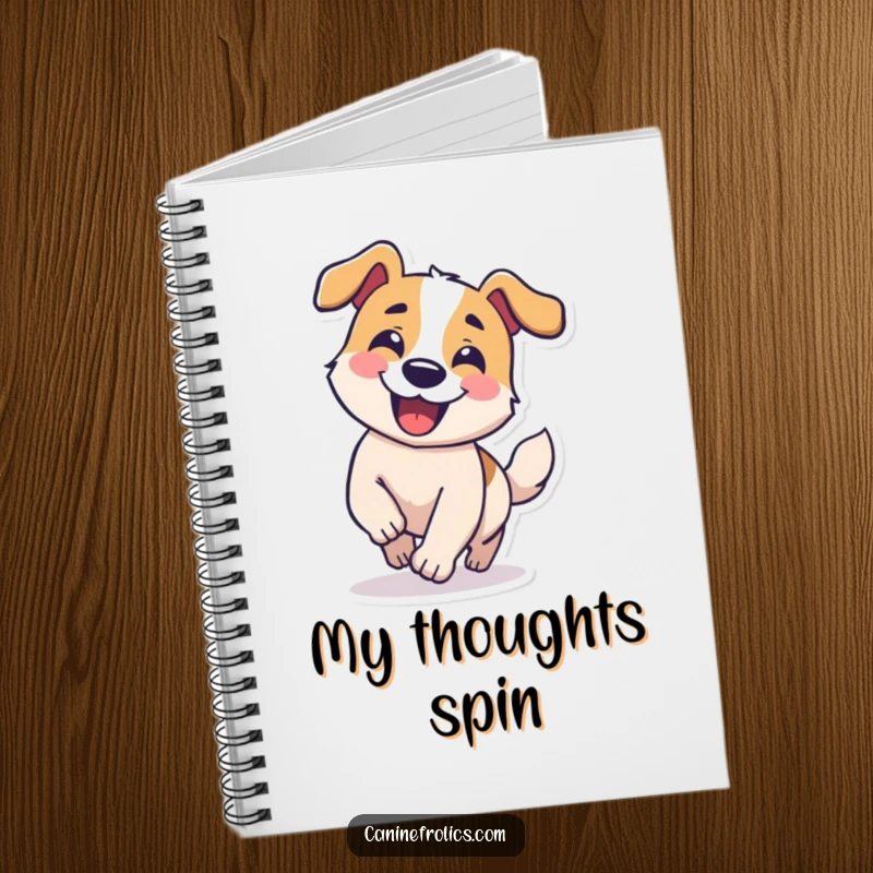 Funny notebook featuring a dog character grinning and chasing its tail in a comical circle, ideal for silly notes.