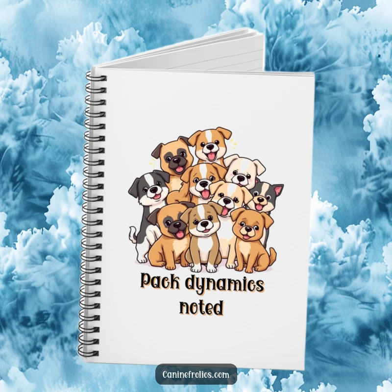Funny dog notebook cover showing a diverse group of dog breeds playfully interacting, inspiring creativity and smiles.