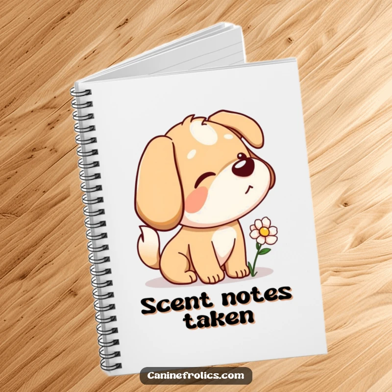 Funny notebook featuring a dog character with a wagging tail, curiously sniffing a flower, ideal for nature-inspired notes.