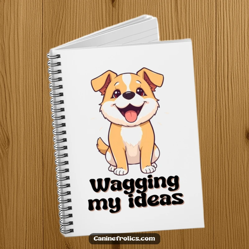 Funny notebook cover with a dog energetically wagging its entire body, symbolizing pure, unadulterated happiness.