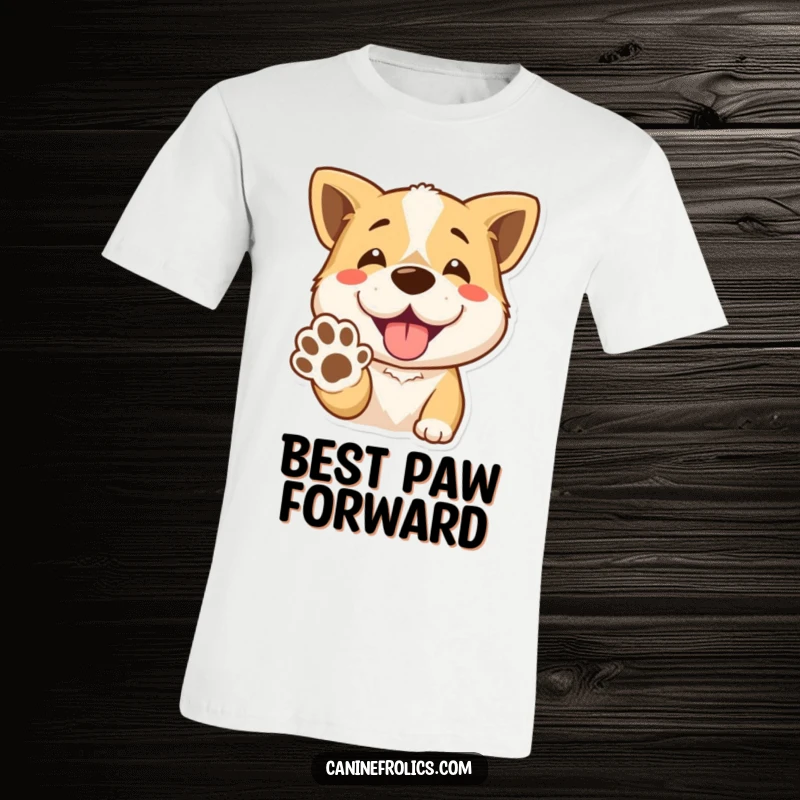 Funny T-Shirt: A smiling dog with an open mouth offers its paw, ready for a friendly handshake. A humorous and welcoming design.