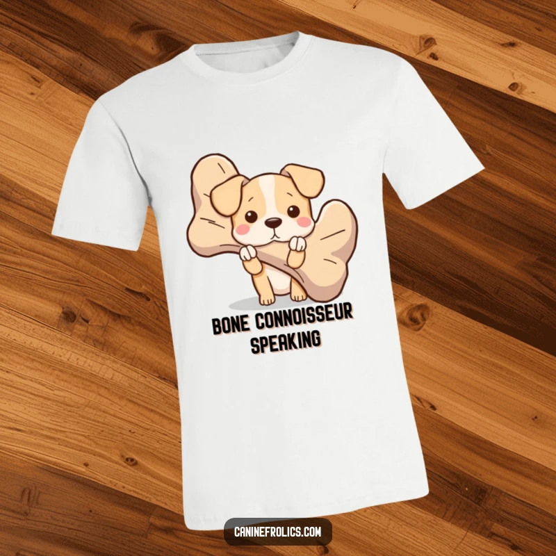 Funny dog t-shirt featuring a character playfully peeking from behind a giant, oversized bone, hinting at hidden treasures and fun.