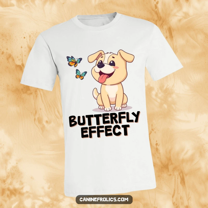 Funny dog t-shirt of a dog with its tongue lolling out, enthusiastically chasing a butterfly with pure glee.