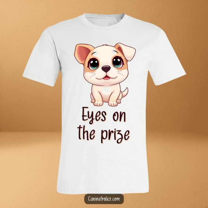 Funny t-shirt featuring a dog with large, innocent eyes looking upwards with overwhelming excitement and anticipation.