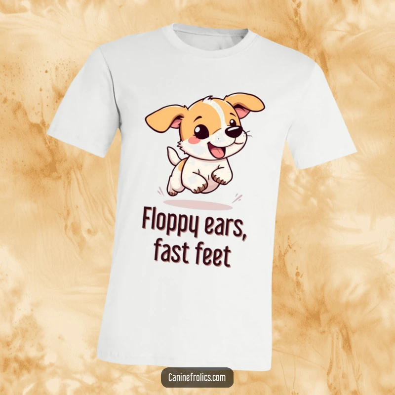 Funny dog t-shirt featuring a dog with long, floppy ears streaming behind as it runs with wild abandon, pure joyful humor.