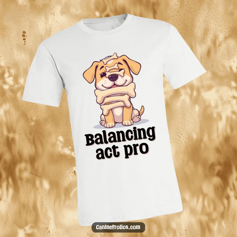 Funny t-shirt featuring a dog humorously attempting to balance a precarious stack of bones on its nose, showing concentration.