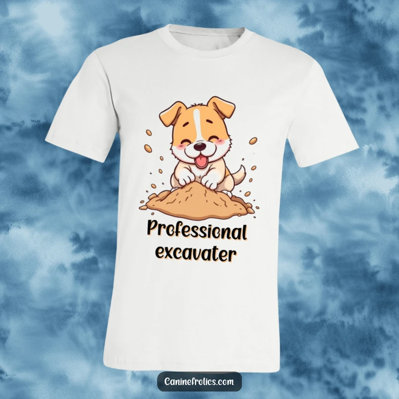 Funny dog t-shirt, a joyful dog character actively digging with dirt spraying outwards, embodying doggy excavation.