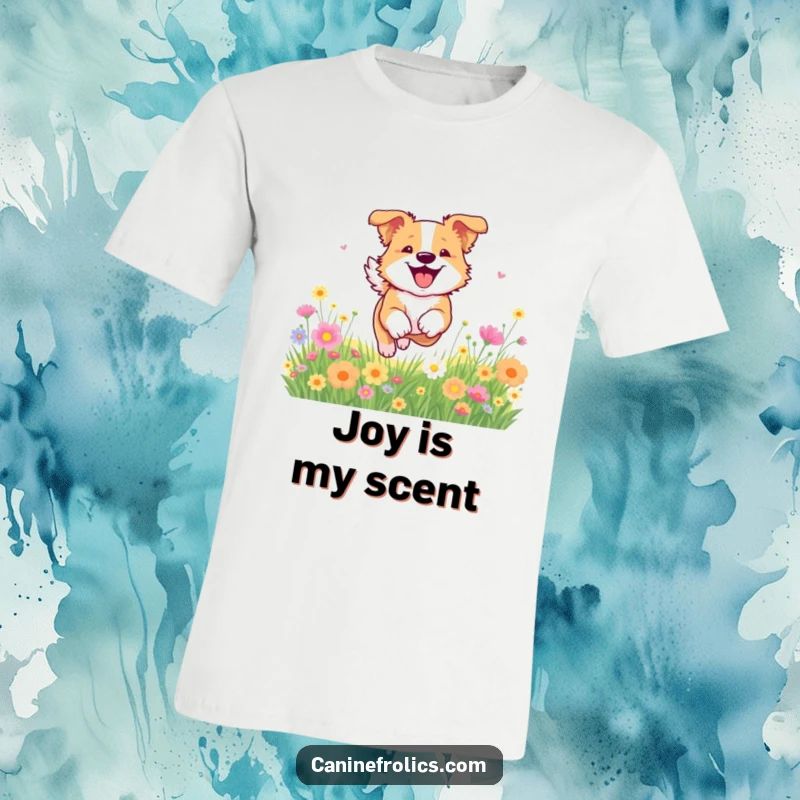 Funny dog t-shirt depicting a dog joyfully bounding through a lush field of blooming flowers, radiating pure bliss and freedom.