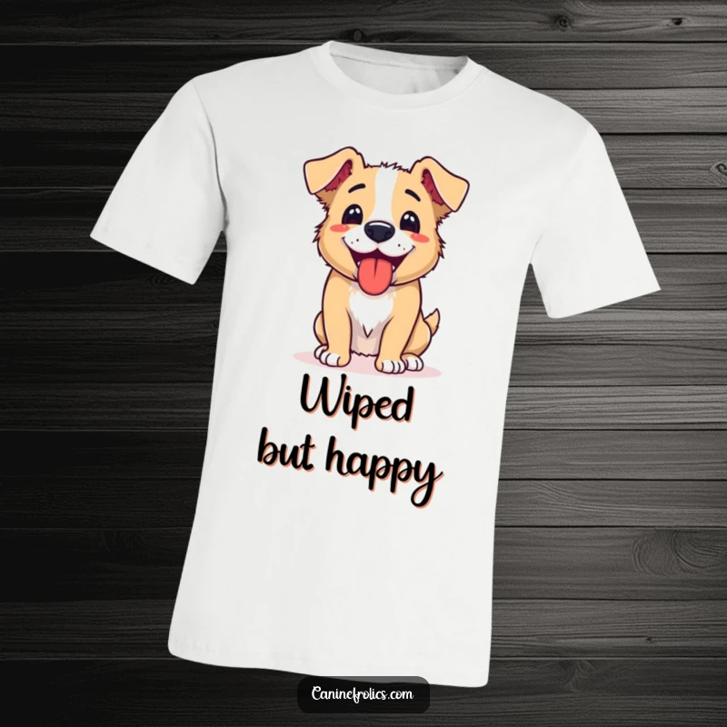 Funny t-shirt graphic of a dog panting contentedly, tongue lolling out, with a joyful expression after a tiring, fun activity.