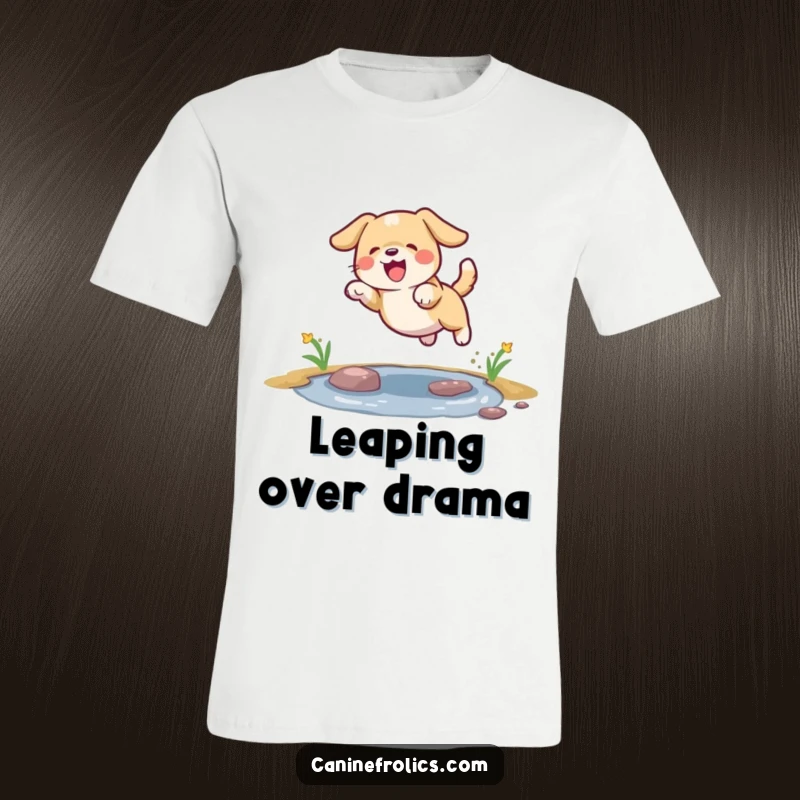 Funny dog t-shirt showing a dog mid-leap, gracefully soaring over a small puddle.