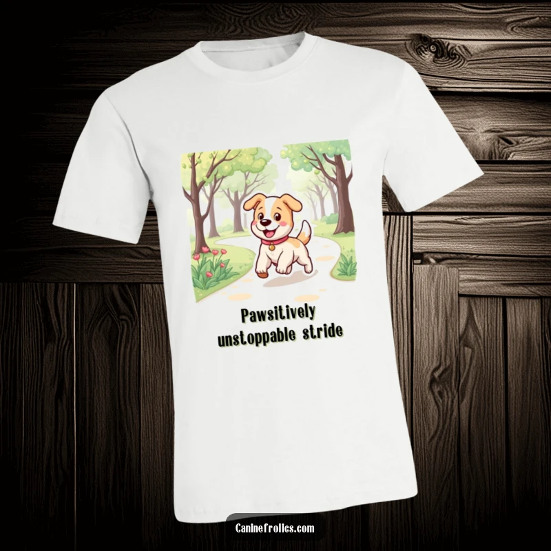 Funny t-shirt showcasing a dog character with a bouncy stride, happily trotting along a park path, radiating happiness.