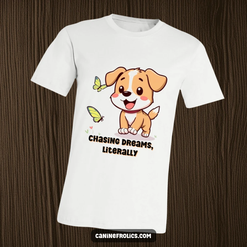 Funny Dog T-Shirt: A happy dog character comically chasing a fluttering butterfly, full of energy and excitement.