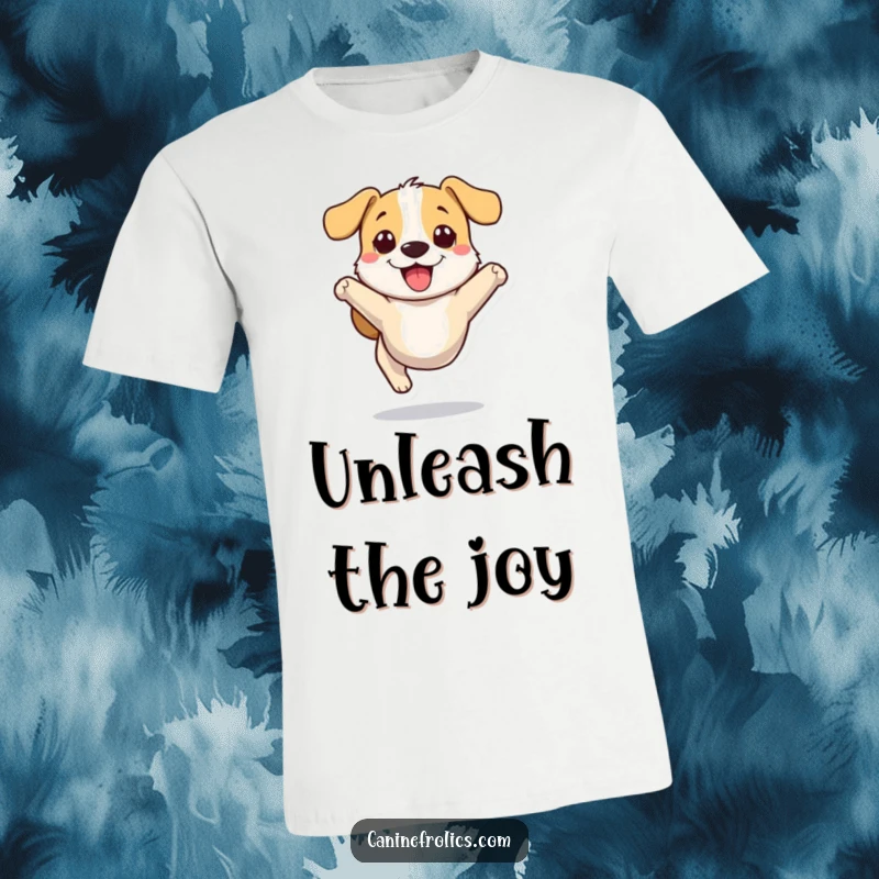 Funny dog t-shirt featuring a small stylized dog character joyfully bounding with excited energy and a big smile.