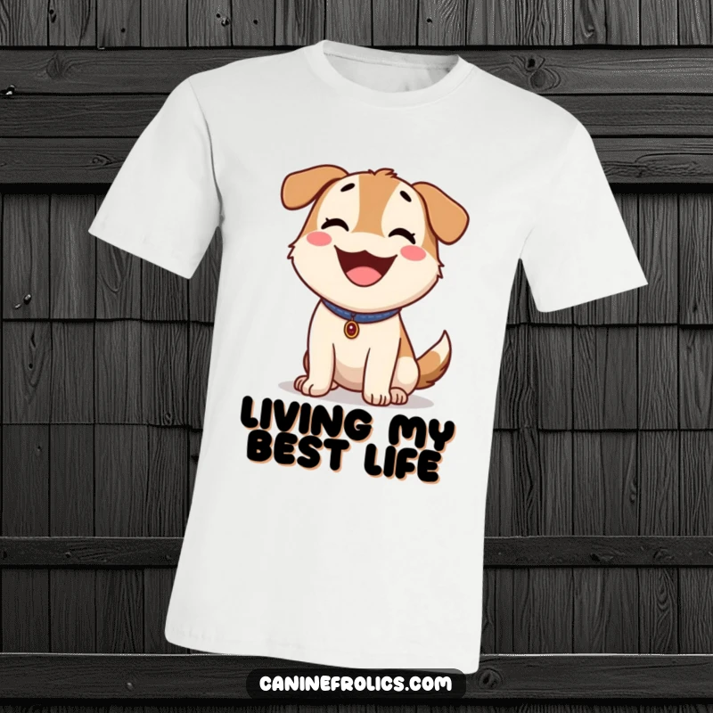 Funny Dog T-Shirt: Happy dog panting outdoors, tongue lolling, embodying the pure joy of a beautiful sunny day.